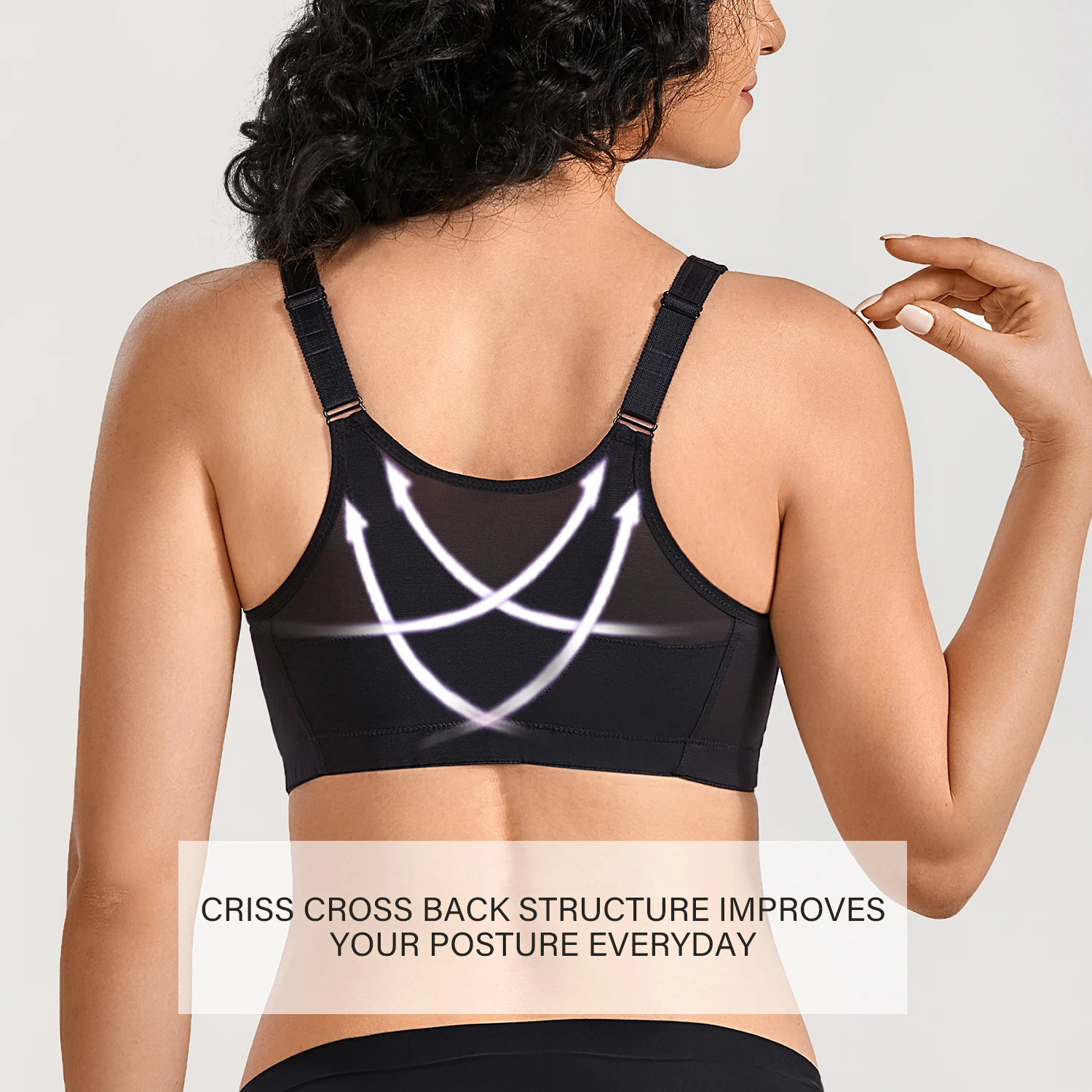 Women's Wirefree Full Figure X-shaped Back Support Posture corrector Cotton Bra Front Closure Plus Size E F G H