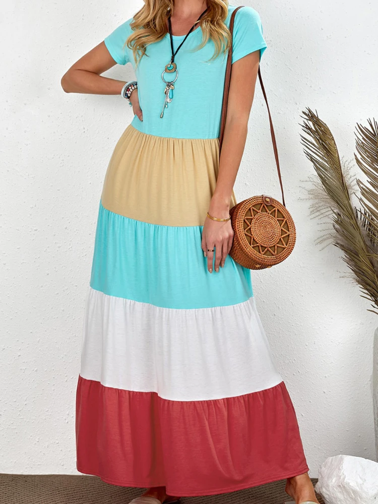 

2022 New Boho Beach Casual Clothing Spring Summer Dress for Women Short Sleeve Solid Color Patchwork Long Maxi Dresses Vestido
