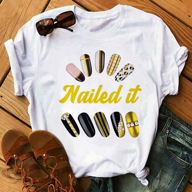 

Women T Shirt New Nailed It Nail Art Print Tops Female Cute Graphic Tee Shirts 90s Girls Ladies Fashion Short Sleeve T-shirt Tee