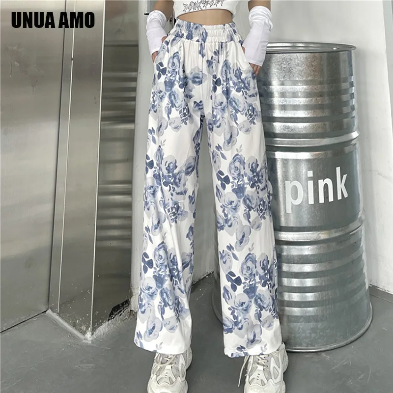 

Harajuku Print Sweatpants Women Y2k Straight Pants Vintage Spring Summer Flowers Print Casual Elastic High Waist Baggy Pant