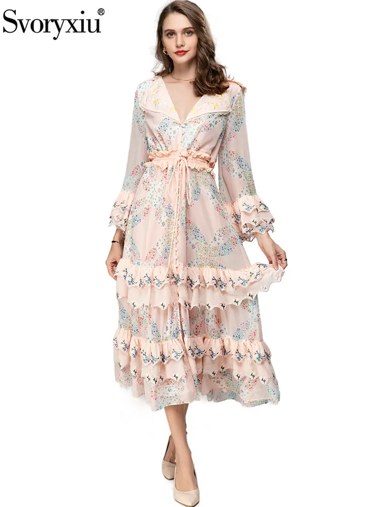 Svoryxiu Spring Summer Fashion Designer Elegant Print Midi Dress Women Upturning Collar Cascading Ruffle Frenum High Waist Dress