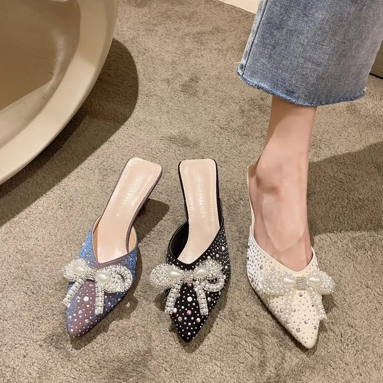 

Shoes Women String Bead Slippers Casual Cover Toe Heeled Mules Slides Med Butterfly-Knot Pantofle Soft Luxury High 2022 Summer