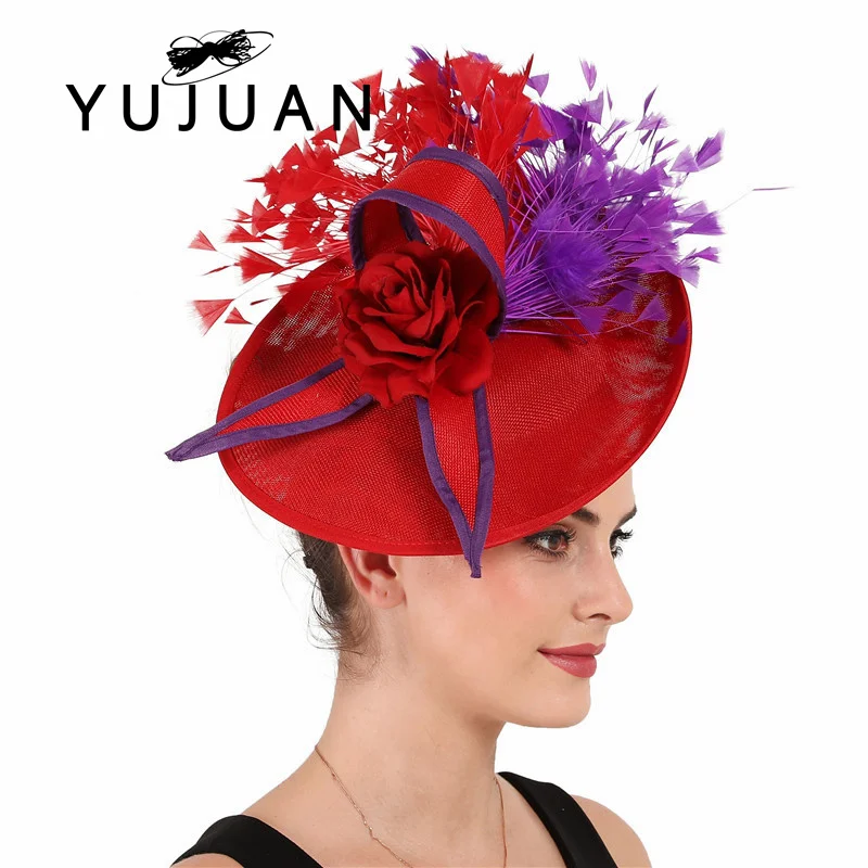 

Elegant Purple And Red Feather Fascinator Wedding Bridal HairClip Hat For Party Cocktail Headpiece Lady Floral Pattern HeadWear