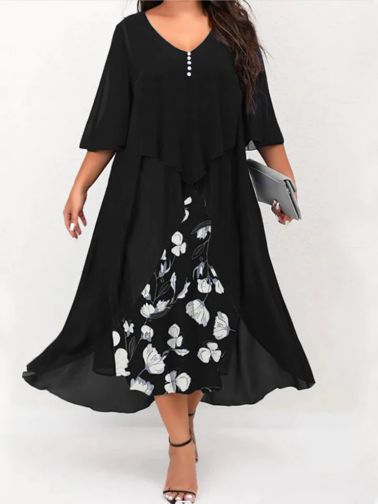 

New Independent Station Large Women's Chiffon Mosaic Two Piece Irregular Middle Sleeve plus size Dress