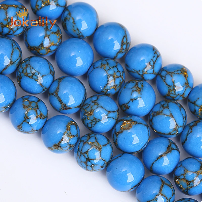 

Natural Stone Blue Gold Line Turquoises Beads Golds Thread Pine Stone Round Beads For Jewelry Making DIY Bracelet 4-12mm 15 Inch