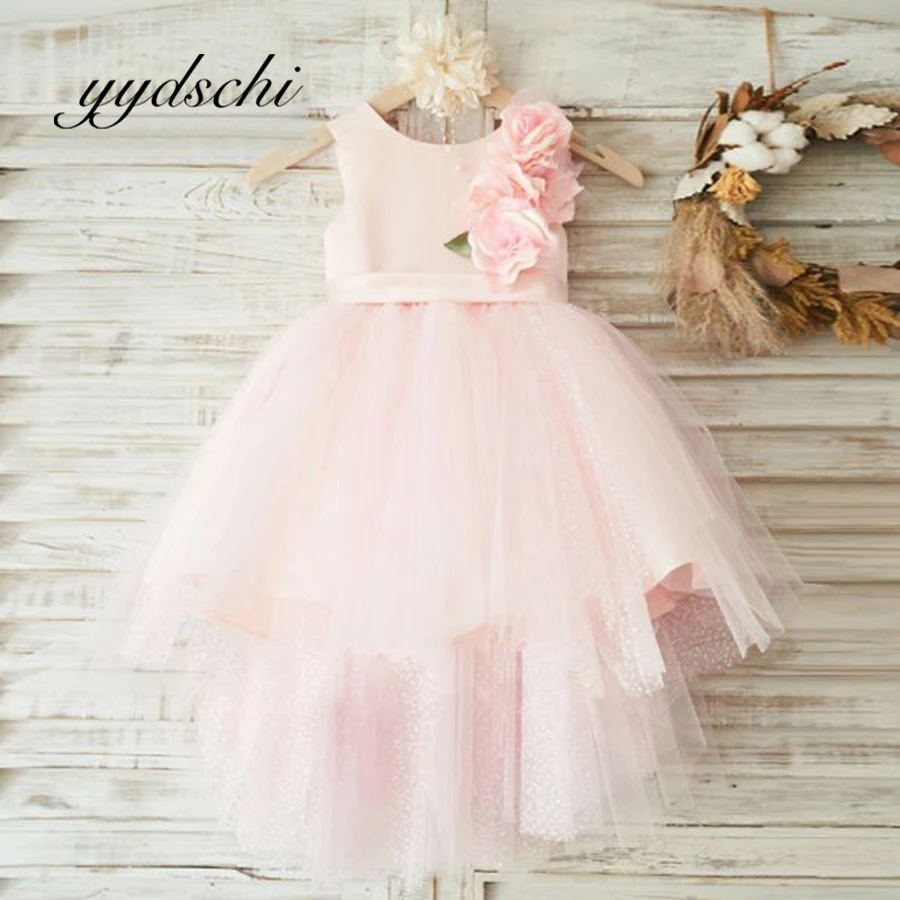 

Flower Girl Dress Beach A-Line Kids Princess Sleeveless Simulation Flowers Tea Length Irregular Wedding Tulle Prom Dresses 2022