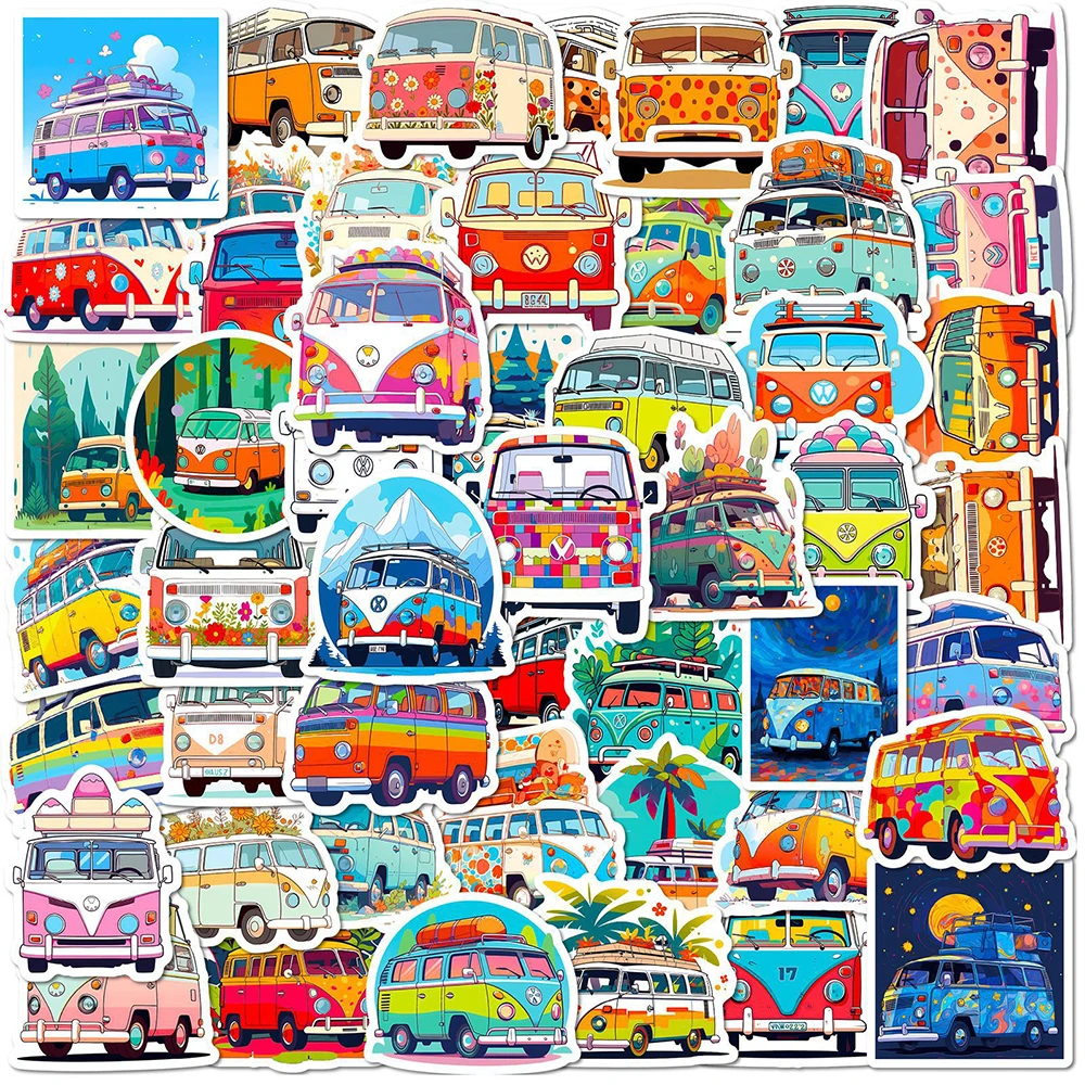 

10/30/50PCS Cute Hippie Bus Cartoon Graffiti Stickers DIY Car Bike Travel Luggage Phone Laptop Waterproof Funny Sticker Decal