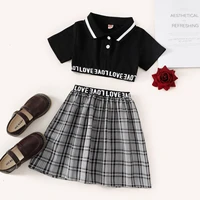 summer girl skirt set casual short sleeve lapel tops plaid letter print skirt suit fashion baby girl party school wear child set