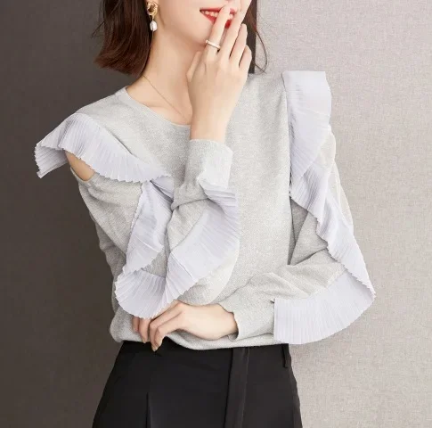 Элегантный стильный вязаный топ с рюшами и краями уменьшающий возраст для осени
