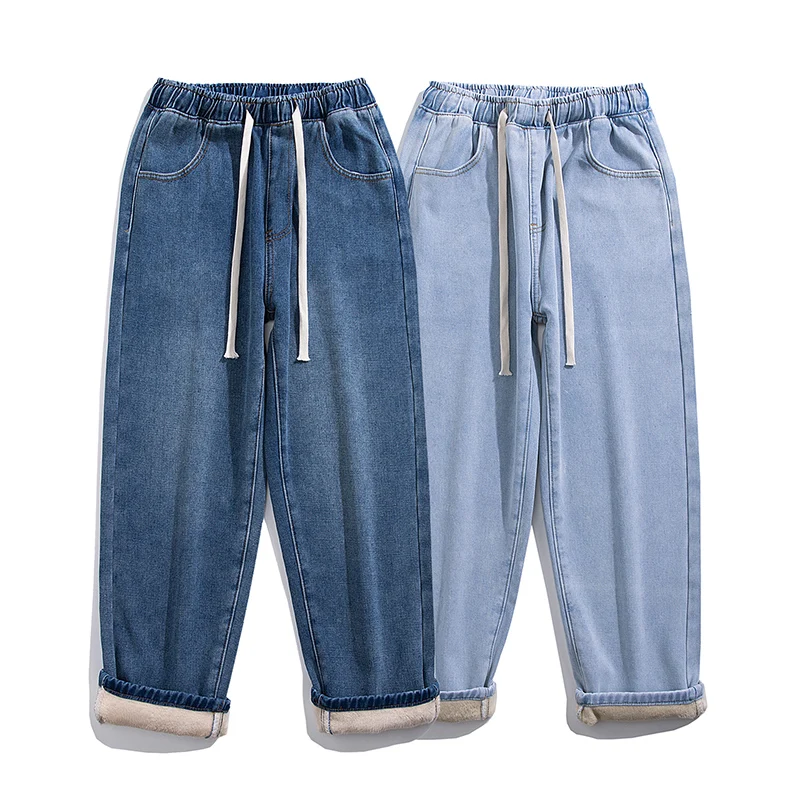 

Мужские зимние шерстяные джинсы, модные свободные прямые брюки в южнокорейском стиле с поясом на резинке, теплые флисовые джинсы синего, черного, серого цветов