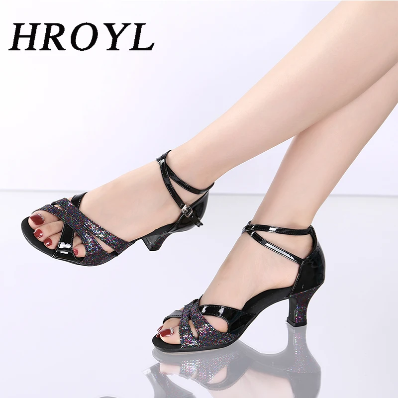 HROYL Women Dance Shoes Fo Ladies Girls Latin Ballroom Modern Dance shoes 3.5/5.5CM Sexy Mesh Sequins Sandals Dropshipping