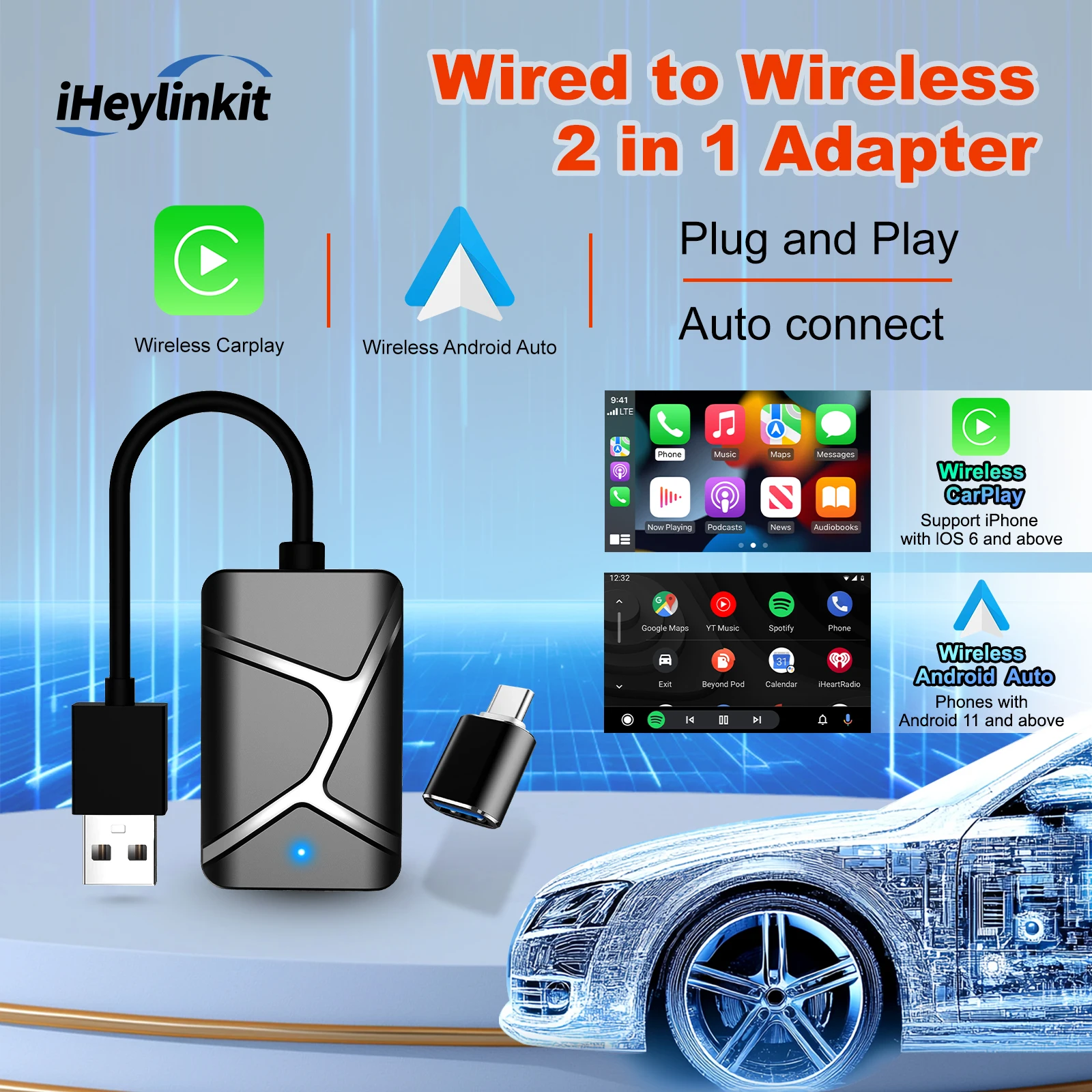 

iHeylinkit 2 в 1 беспроводной адаптер CarPlay CarPlay Mini Box Android Auto Dongle для Benz Audi Mazda Kia Toyota VW OEM автомобильный радиоприемник