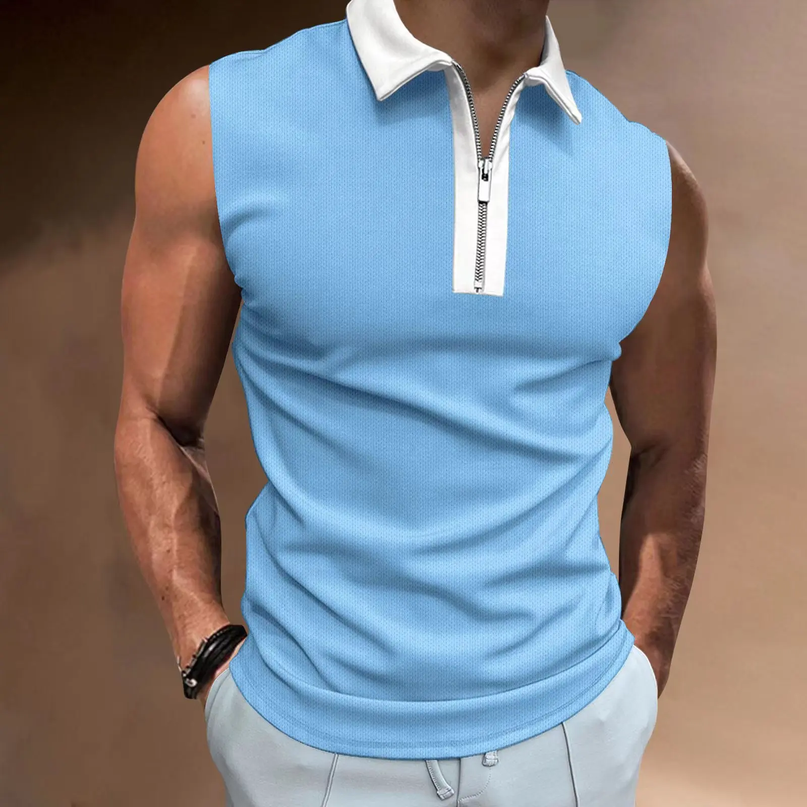 

Men's Clothing Summer New Casual Solid Color Quick-drying Lapel Zipper Polo Shirt Sleeveless Vest Gym Clothing Men
