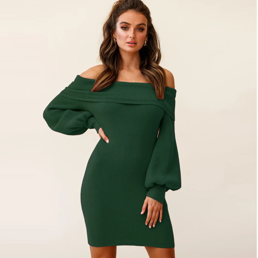 Купи Elegant Bodycon Sweater Mini Dress Women Sexy Off Shoulder Lantern Long Sleeve Casual Dress Ladies Chic Knitted Vestidos Autumn за 1,439 рублей в магазине AliExpress