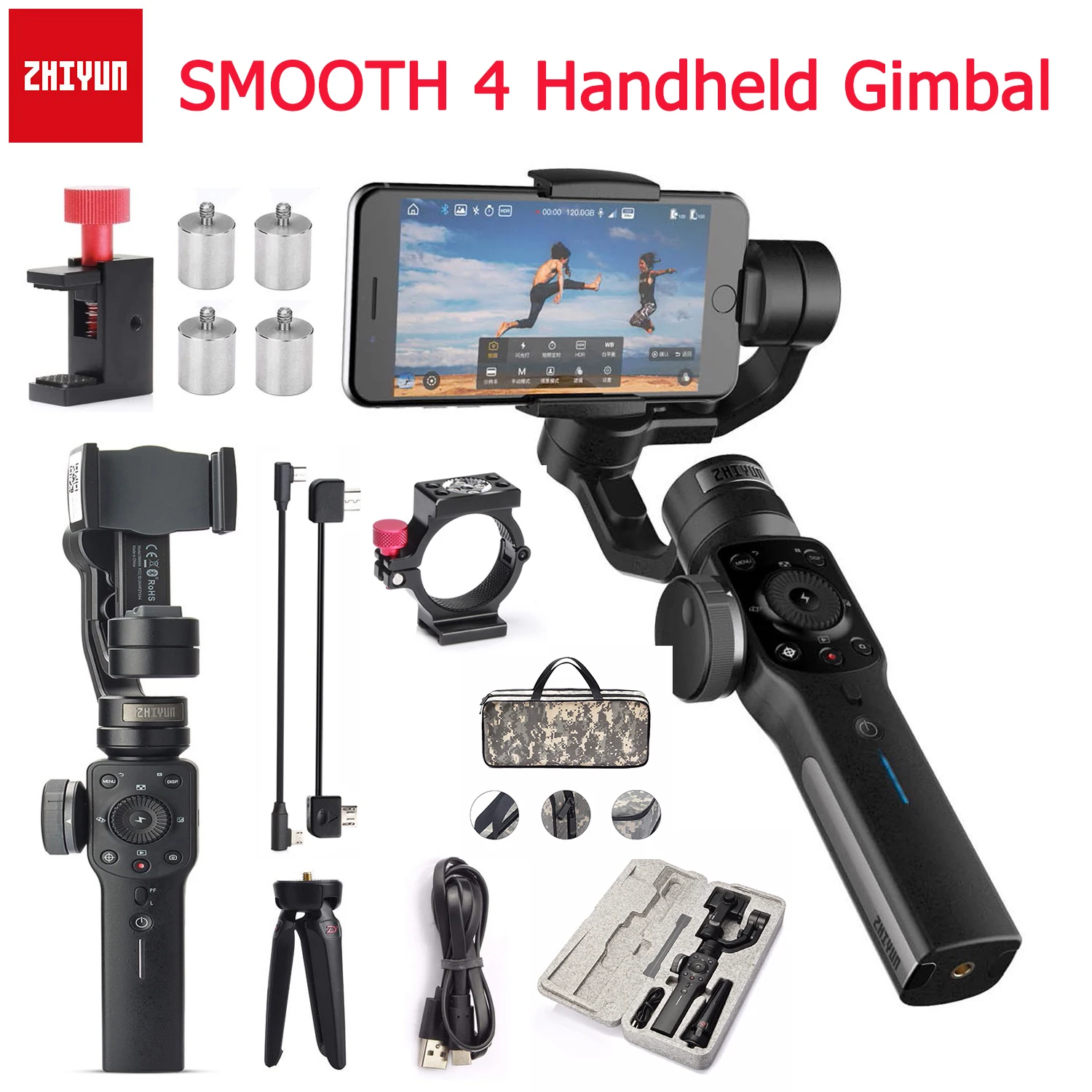 Zhiyun Smooth 4 3-Axis Handheld Smartphone Gimbal Stabilizer for iPhone Xs Max X 8 7& Samsung S9,S8 & Action Camera Vlog Live