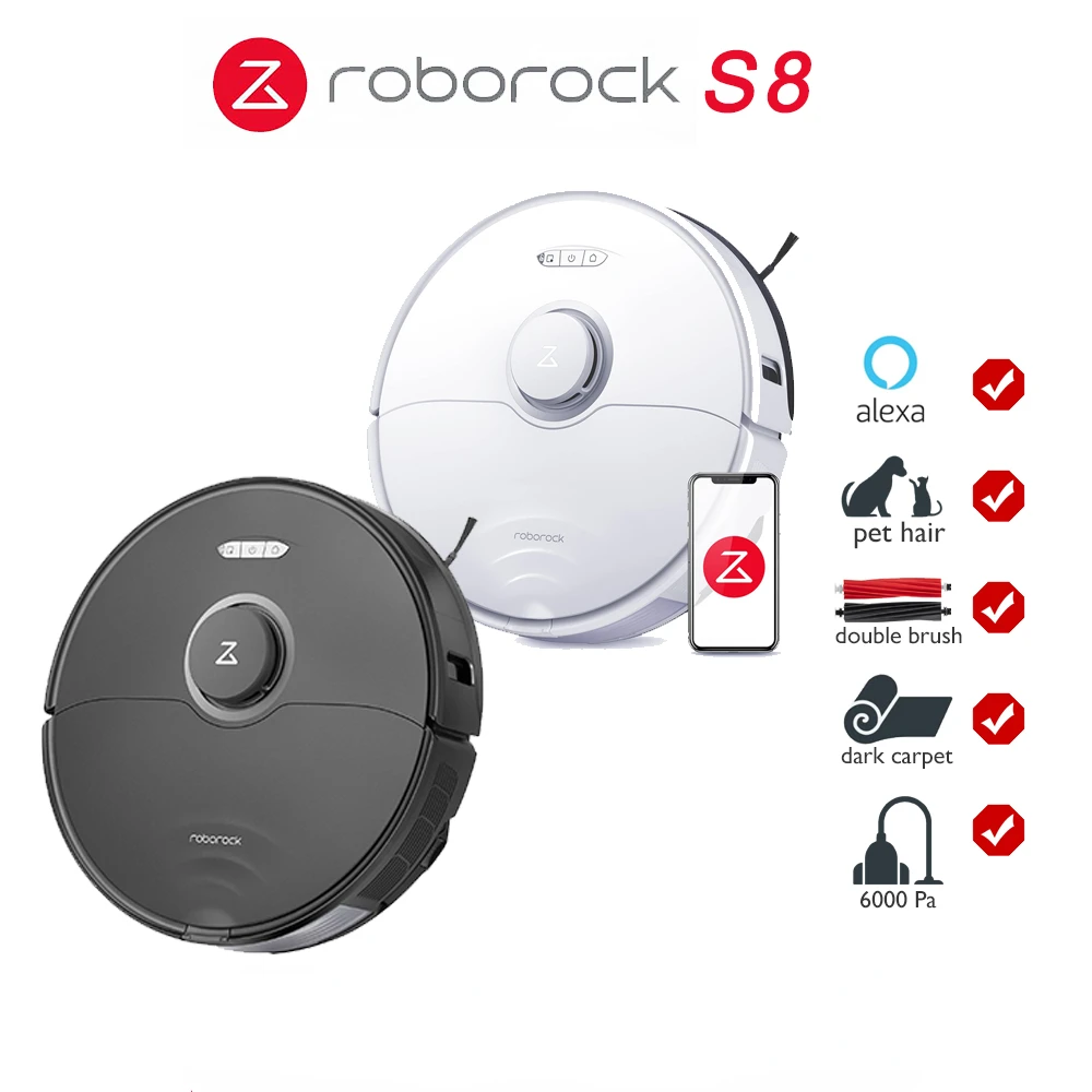 Roborock-Original S8 Robot Vacuum com Sonic Mop, Versão Global, Escova Dupla, 6000Pa de Sucção, Funciona com Alexa, Upgrade S7