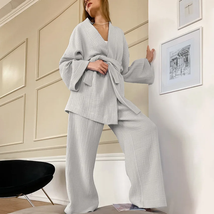 Woman Cotton Pyjama Set Winter Autumn 2 Pieces Home Wear Set Bathrobe Pajamas Set Female Sleepwear Relax Robe Set