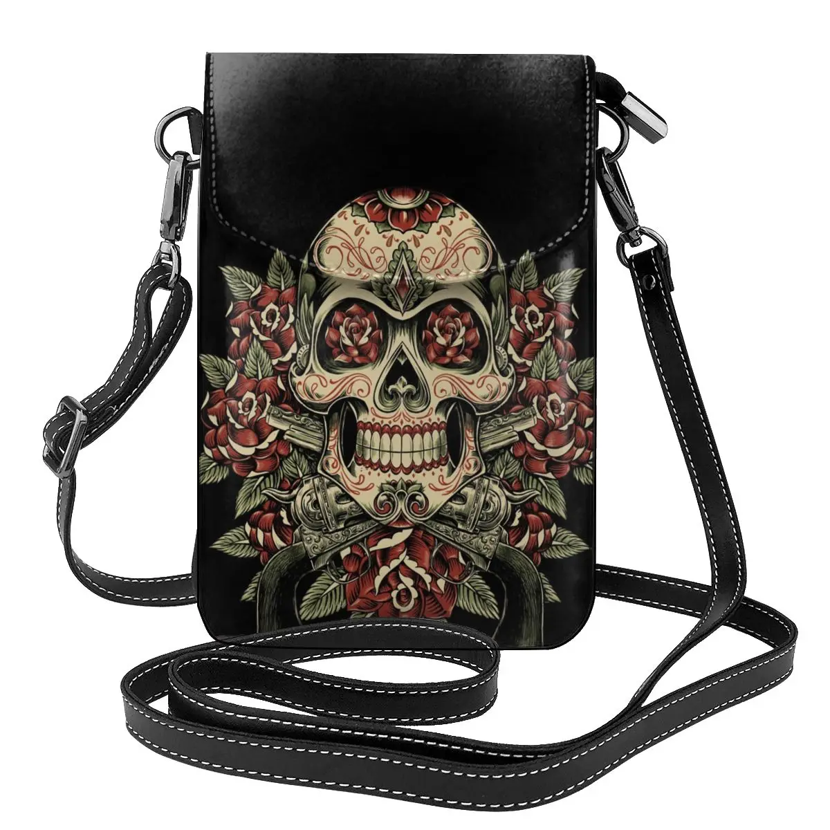 

Skull And Roses With Revolvers Shoulder Bag Floral Tattoo Gift Reusable Women Bags Leather Shopping Student Purse Xmas Gift