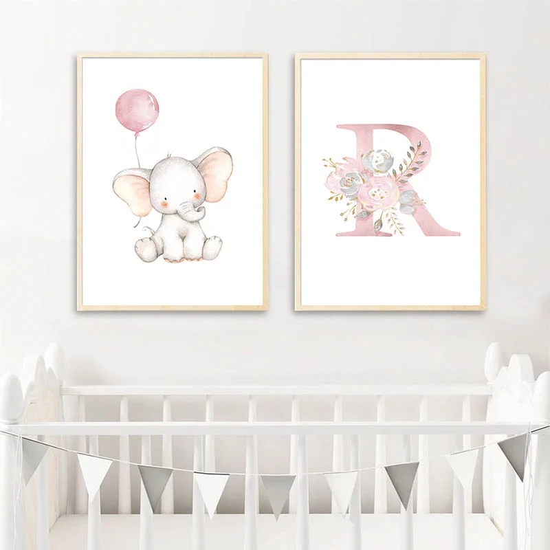

Pink Flower Letter ABC Elephant Poster And Prints Baby Girl Room Cartoon Canvas Painting Kid Bedroom Home Decor Wall Art Picture