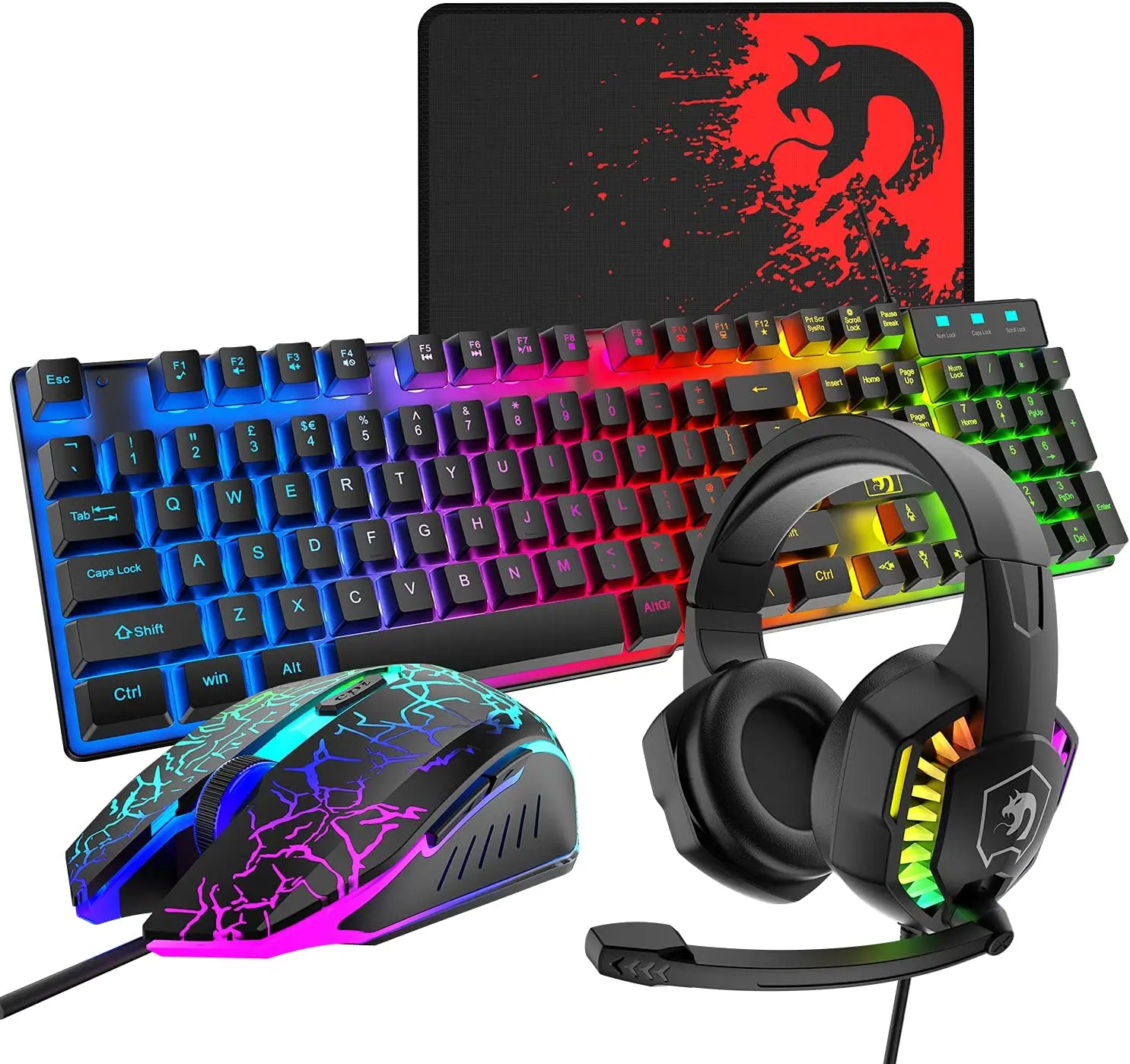 Wired Gaming Keyboard and Mouse Headset Combo,Over Ear Headphone with Mic,Rainbow Backlit Gaming Mice,Mouse Pad,for PC,Laptop