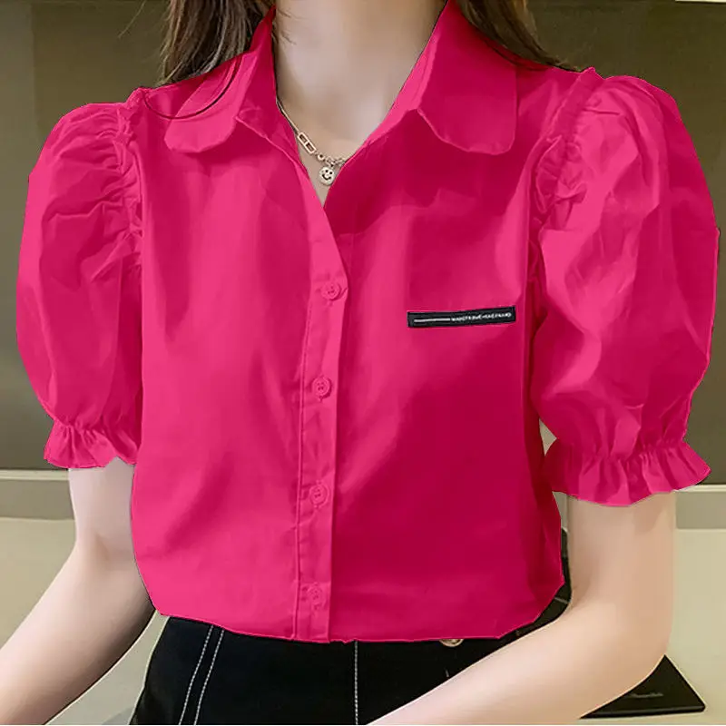 Summer Chiffon Shirt Short-sleeve Button Up Blouse Women's Office Tops Solid Color Polo Collar White Black Shirts Blusas Mujer