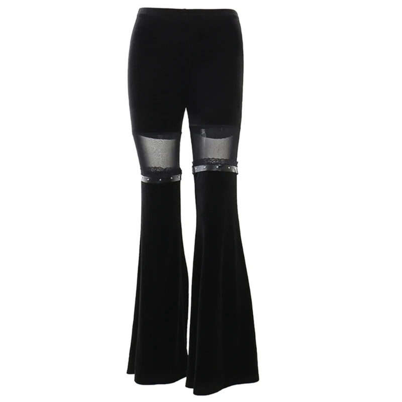 

Wide Leg Flare-Pants High Waist Stretchy Bell-Bottoms Cut Out Mesh Patchwork