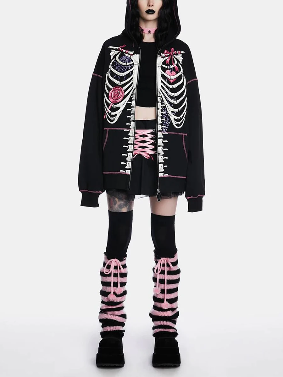 

Y2K Skeleton Hoodies Women 2023 Vrouwen Gothic Zwart Zip Up Oversized Sweatshirt Dames Retro Harajuku Capuchon Streetwear Tops