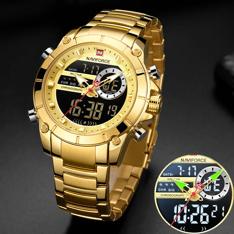 

NAVIFORCE Men Military Sport Wrist Watch Gold Quartz Steel Waterproof Dual Display Male Clock Watches Relogio Masculino 9163