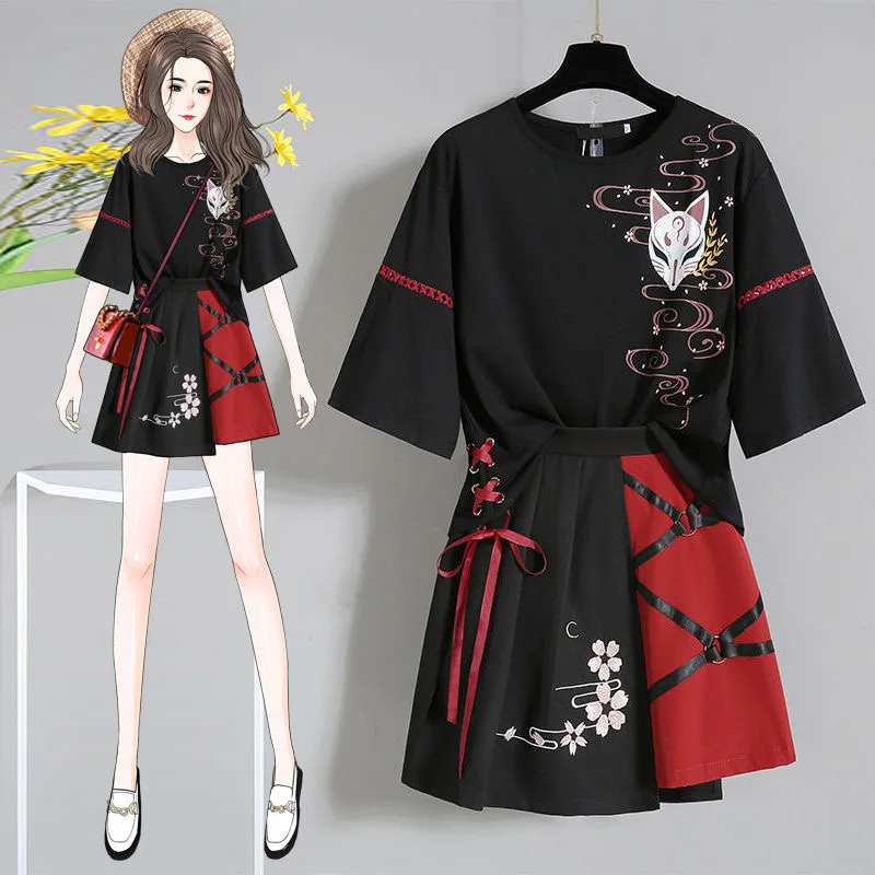 

Anime Summer Women's Clothing Japanese Red Ribbon Girl Lolita T-shirt Short Skirt Set Adult Costume