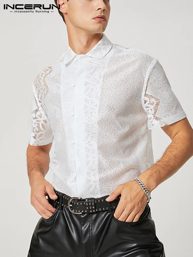 

INCERUN Men Shirt Lace Patchwork Lapel Short Sleeve 2022 Sexy See Through Party Nightclub Shirts Streetwear Fashion Camisa S-5XL