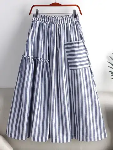 Women Autumn Skirts 2023 New Stripe Print Cotton Linen Skirt Fashion Party Pleated Skirts Female Chic A-Line Pocket Midi Skirt