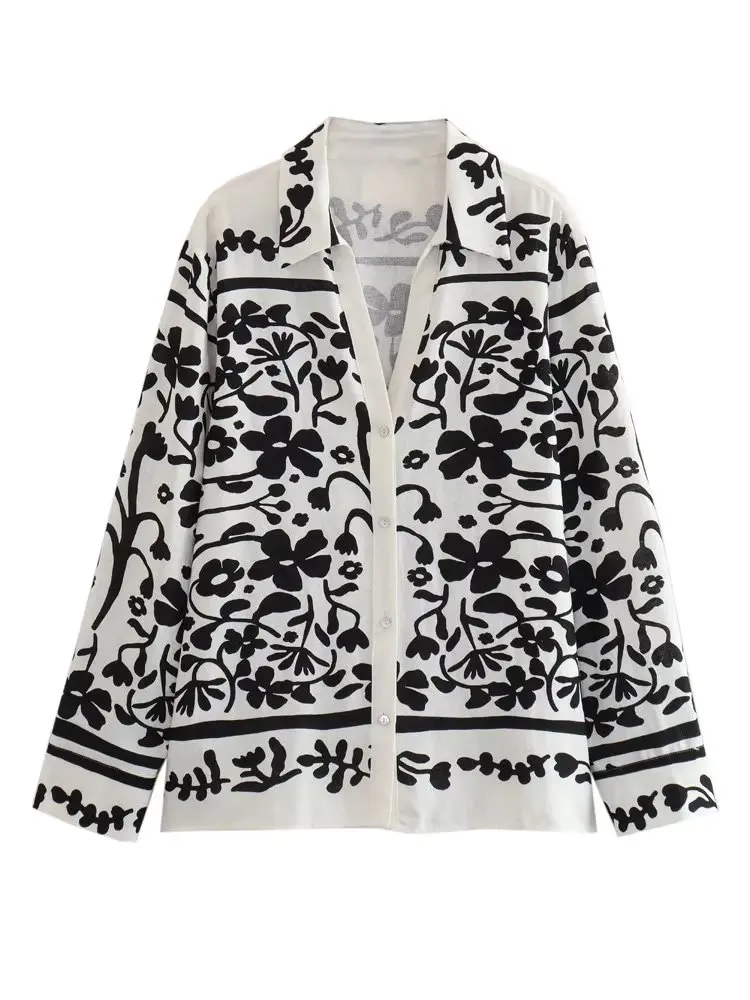 

2023 Women Floral Printed Blouses Summer New Chic Female Casual Lapel Single-Breasted Long Sleeve Thin Commuting Tops