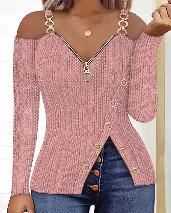 

Женский Повседневный Топ с открытыми плечами, Текстурированный Топ с разрезом и цепочкой, пуловер для осени, зимы и весны, 2023