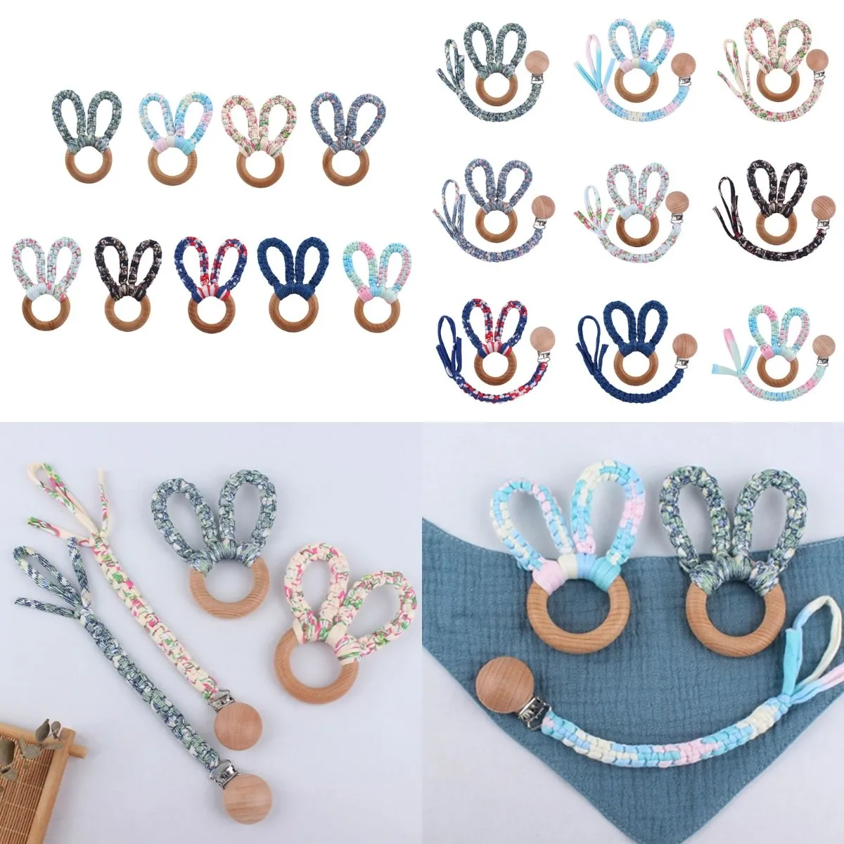 

2 Pcs Baby Wooden Hand Grasp Toy+Pacifier Clip Chain Set DIY Cotton Cloth Knitting Rabbit Ears Teether Bracelet Rattle Newborn