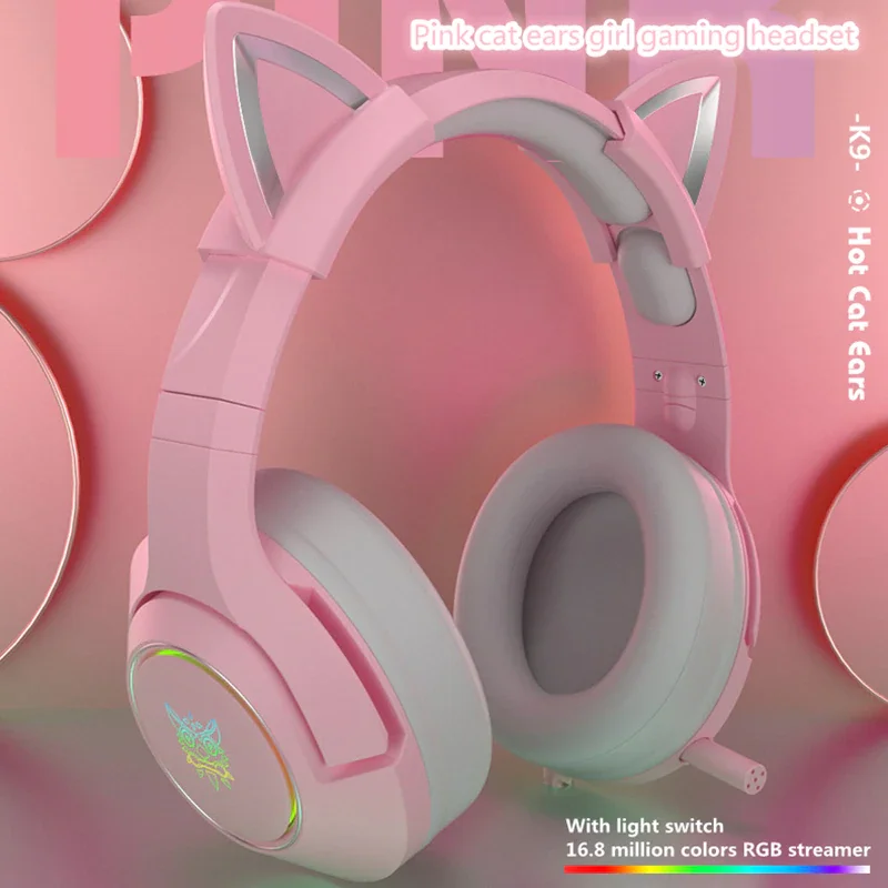 

New wired headphone K9 pink cat ear cute girl gaming headset with mic ENC noise reduction HiFi 7.1 channel RGB headphone