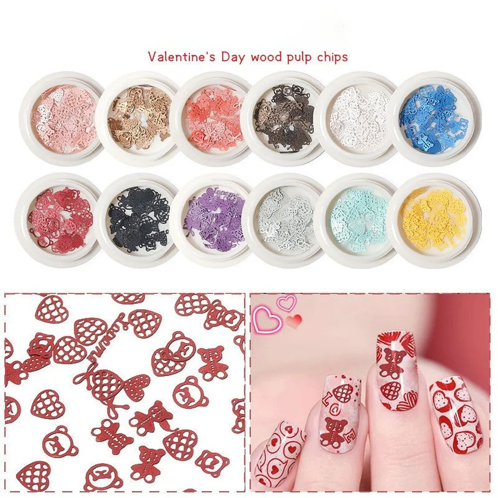 

1 Box Valentine's Day Nail Art Ornament Ultra-Thin Nail Wood Pulp Slice Heart Bear 12 Colors Mixed Nail Art Decals Manicure Tips