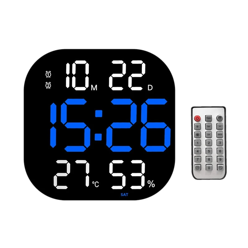 

Large LED Digital Wall Clock Remote Control Temperature Date Week Display Adjustable Brightness Table Alarms Clock Blue