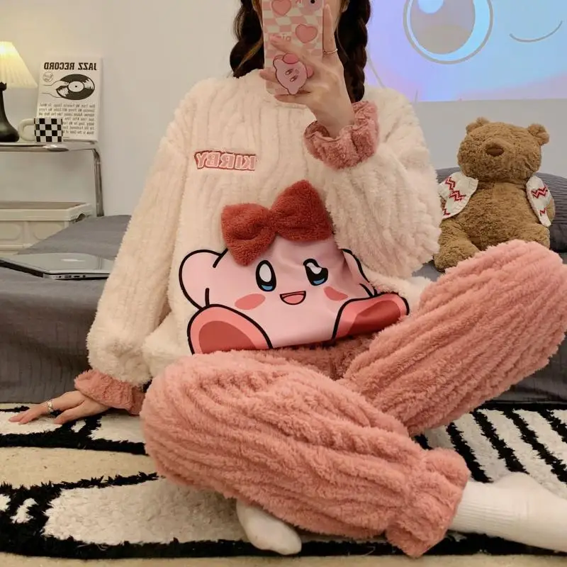 

Kawaii Kirby Coral Fleece Pajamas Cute Cinnamoroll Girl Winter Long-Sleeved Cartoon Flannel Thickened Warm Home Clothes Set