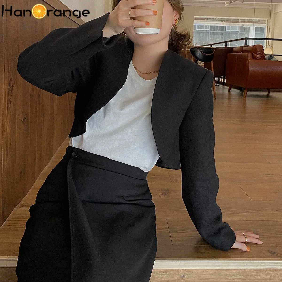 

HanOrange Collarless Cropped Blazer Jacket Women's Without Collar 2022 Autumn Winter Short Outer Ladies Female Clothing