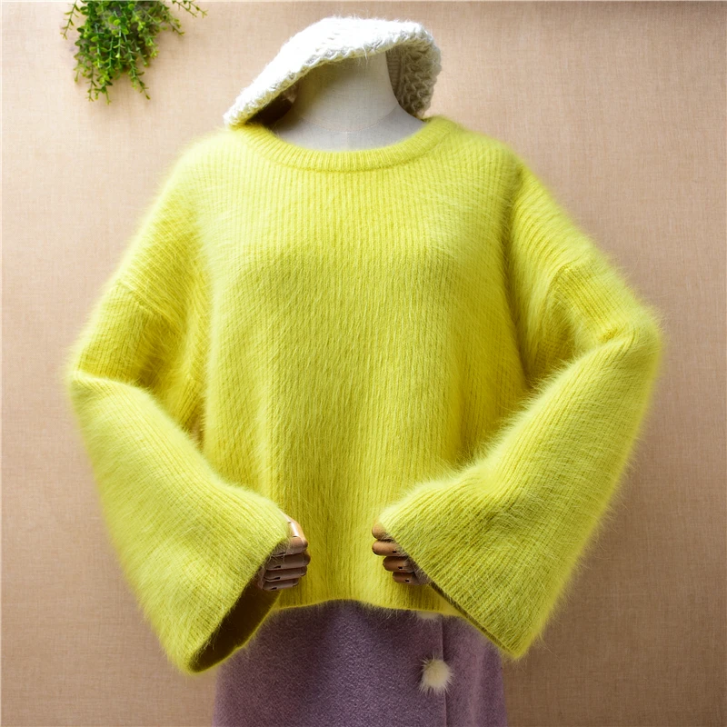 

Ladies Women Fashion Yellow Hairy Angora Rabbit Hairy Knitted Long Flare Sleeves O-Neck Loose Pullover Mink Fur Jumper Sweater