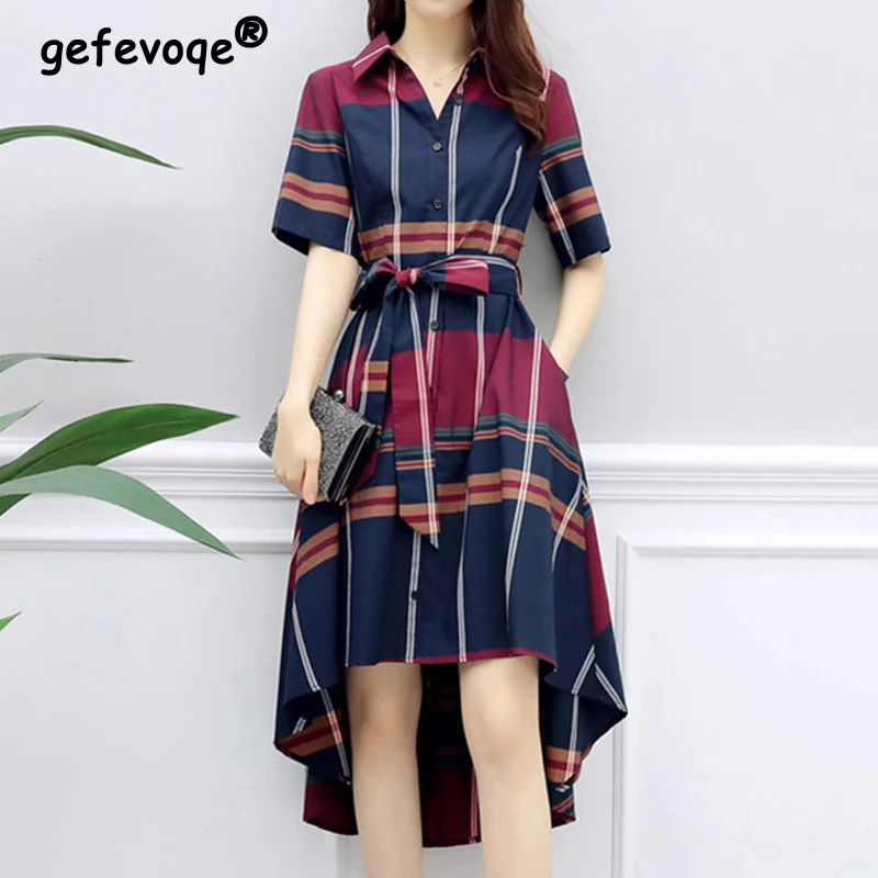 

Elegant Fashion Plaid Belt Bow Asymmetrical Long Dresses Summer 2022 New Short Sleeve Polo-neck Tunic Midi Dress Female Clothing