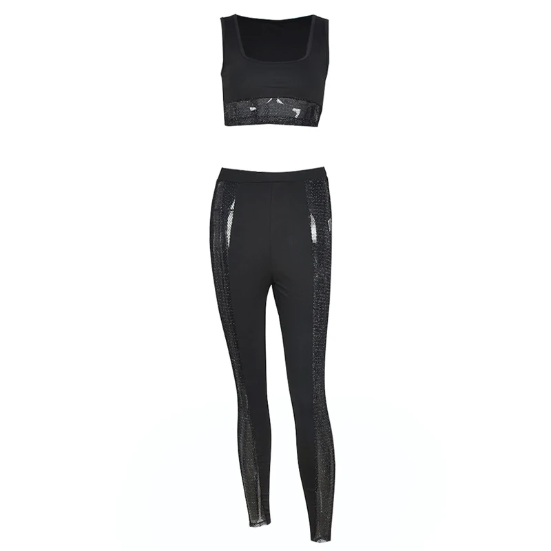 

Ladies Breathable Leisure Suit, Women Solid Color U-neck Mesh Splicing Sleeveless Midriff-baring Camisole + Long Pants