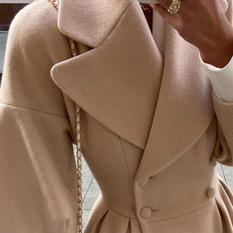 Autumn Lantern Sleeve Women Woolen Coat Lapel Double-Breasted Office Lady Long Jackets Windbreaker Thick Streetwear Female Coats