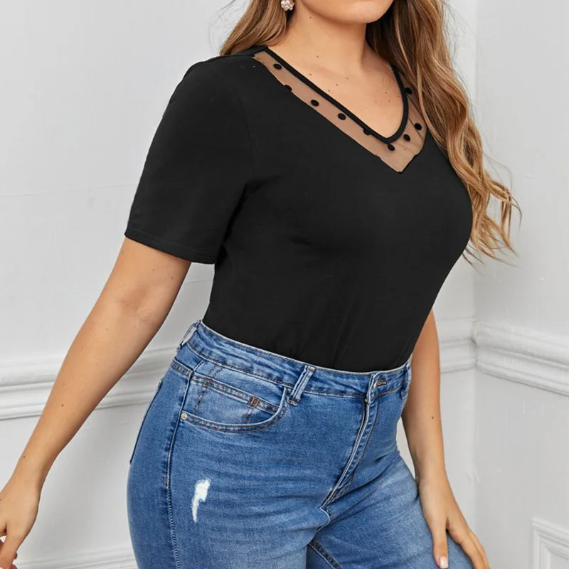 Casual Plus Size Clothes Black T-Shirt 2023 Summer Lace Patchwork V-Neck Short Sleeve Office Lady Pullover Basic Tops Women's