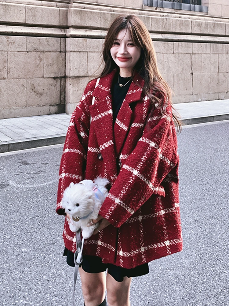 Красная шерстяная женская куртка в клетку новинка 2024 осенне-зимняя супер