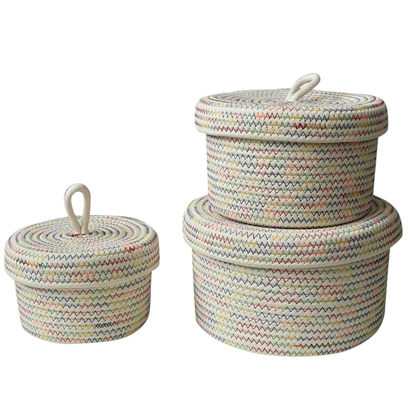 

Storage Baskets With Lids - Set Of 3 Decorative Baskets For Shelves And Coffee Table - Natural Cotton Rope Lidded Basket