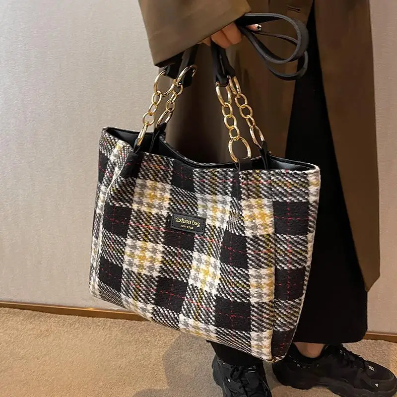 

Женская винтажная Сумка-тоут, Клетчатая Шерстяная тканевая хозяйственная сумочка на цепочке, тоут на ремешке, модный брендовый дизайнерский рабочий женский саквояж