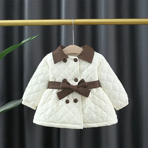 Модная хлопковая стеганая куртка принцессы для новорожденных девочек зимнее пальто с кожаным воротником и поясом для малышей одежда для малышей От 1 до 2 лет