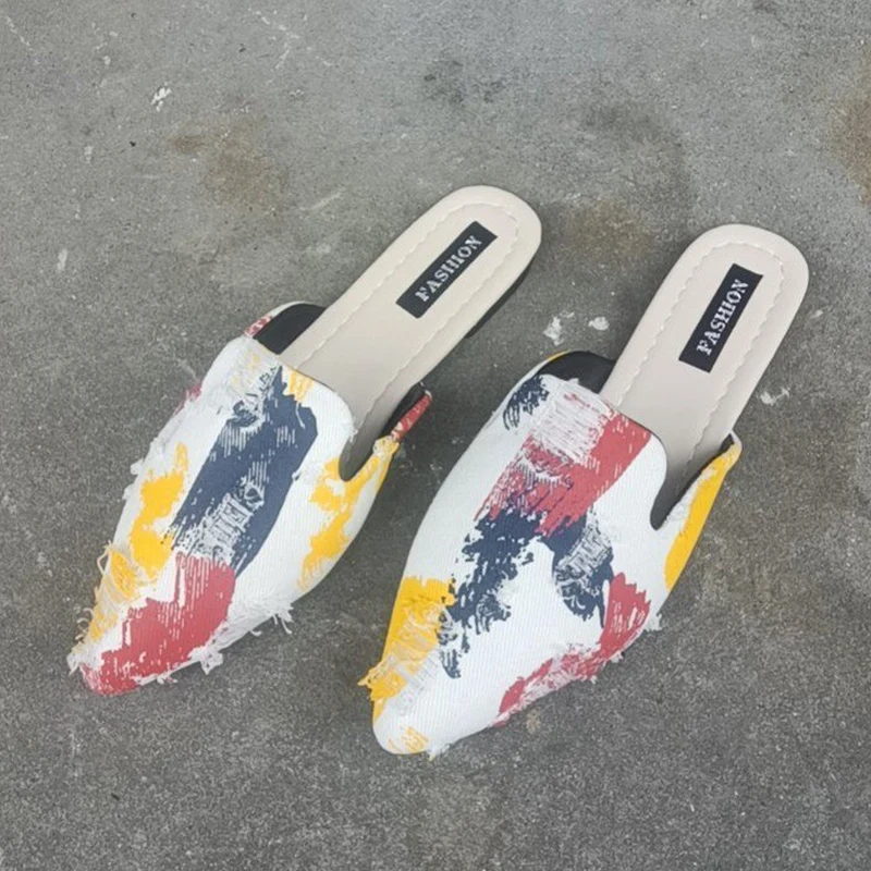 

Women Flats Mules Shoes Pointed Toe Cowboy Slippers 2023 Summer New Designer Slingback Sandals Home Flip Flops Walking Slides
