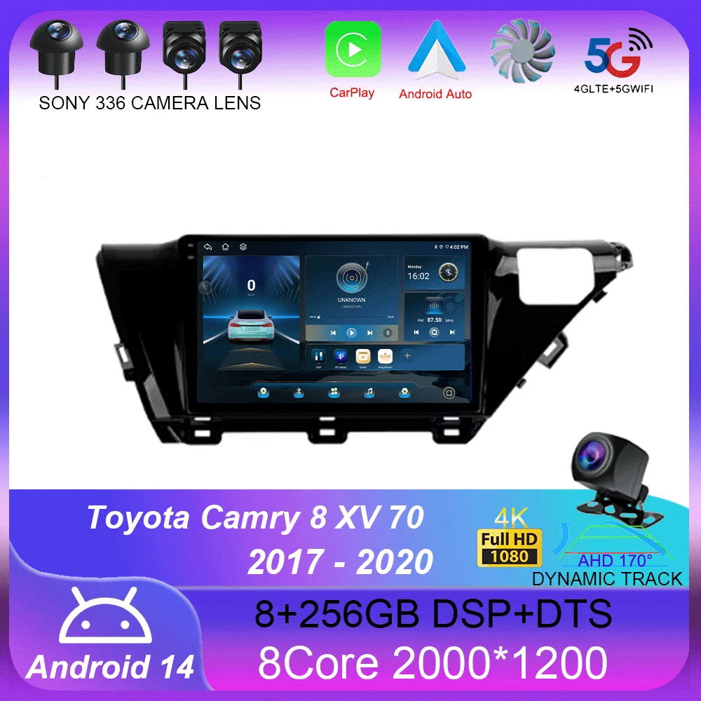 Фото Автомагнитола для Toyota Camry 8 XV 70 2017 - 2020 Carplay, 4G + Wi-Fi, GPS, навигация, мультимедийный видеоплеер, стерео, BT, Android 14 №1